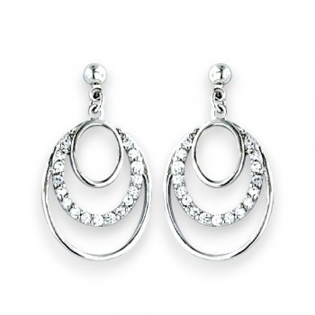 Brass Earring 3 Concentric Oval Ctr Clear Cubic Zirconia Pave Dangle