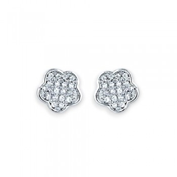 Brass Earring 7.46mm Clear Cubic Zirconia Pave Flower Post Rhodium Plating Plate
