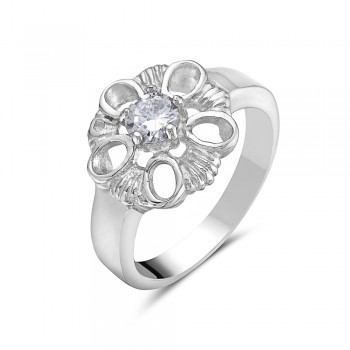Stainless Steel Ring Open Flower Clear Cubic Zirconia Center
